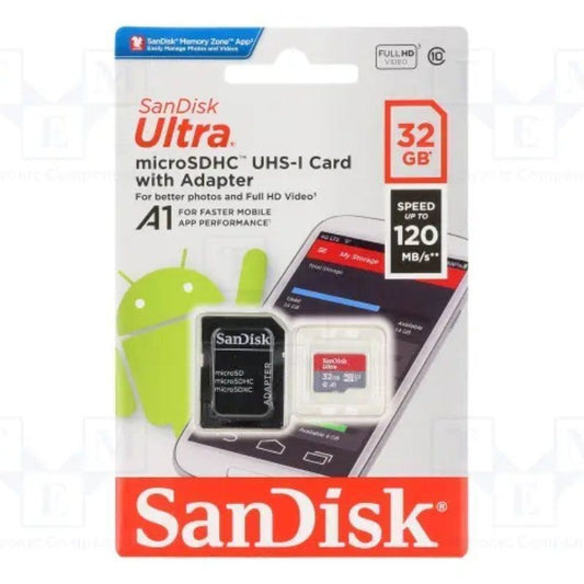 Tarjeta de Memoria SanDisk Ultra 32GB microSD HC UHS-I con Adaptador/ Clase 10/ 120MBs