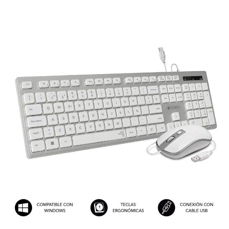 Teclado y Ratón Subblim Combo Wired Ergo Keys Silent Flat HQ/ Plata y Blanco